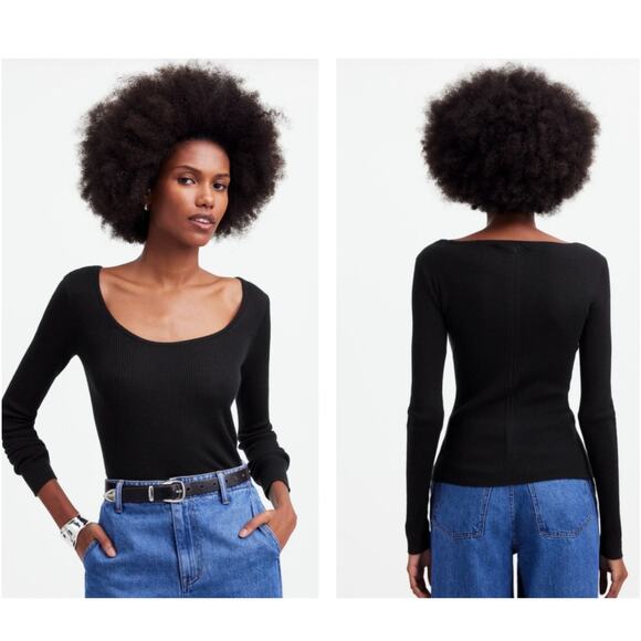 NWT Madewell Merino Wool Silk Blend Scoopneck Sweater True Black NS654 Size XXS - Picture 1 of 9